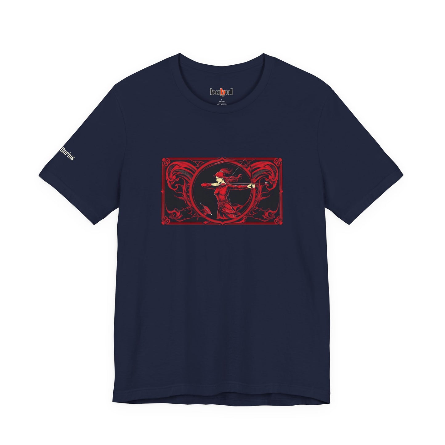Sagittarius - Gothic Zodiac T-Shirt. Red graphic in front. Zodiac in the Shadows