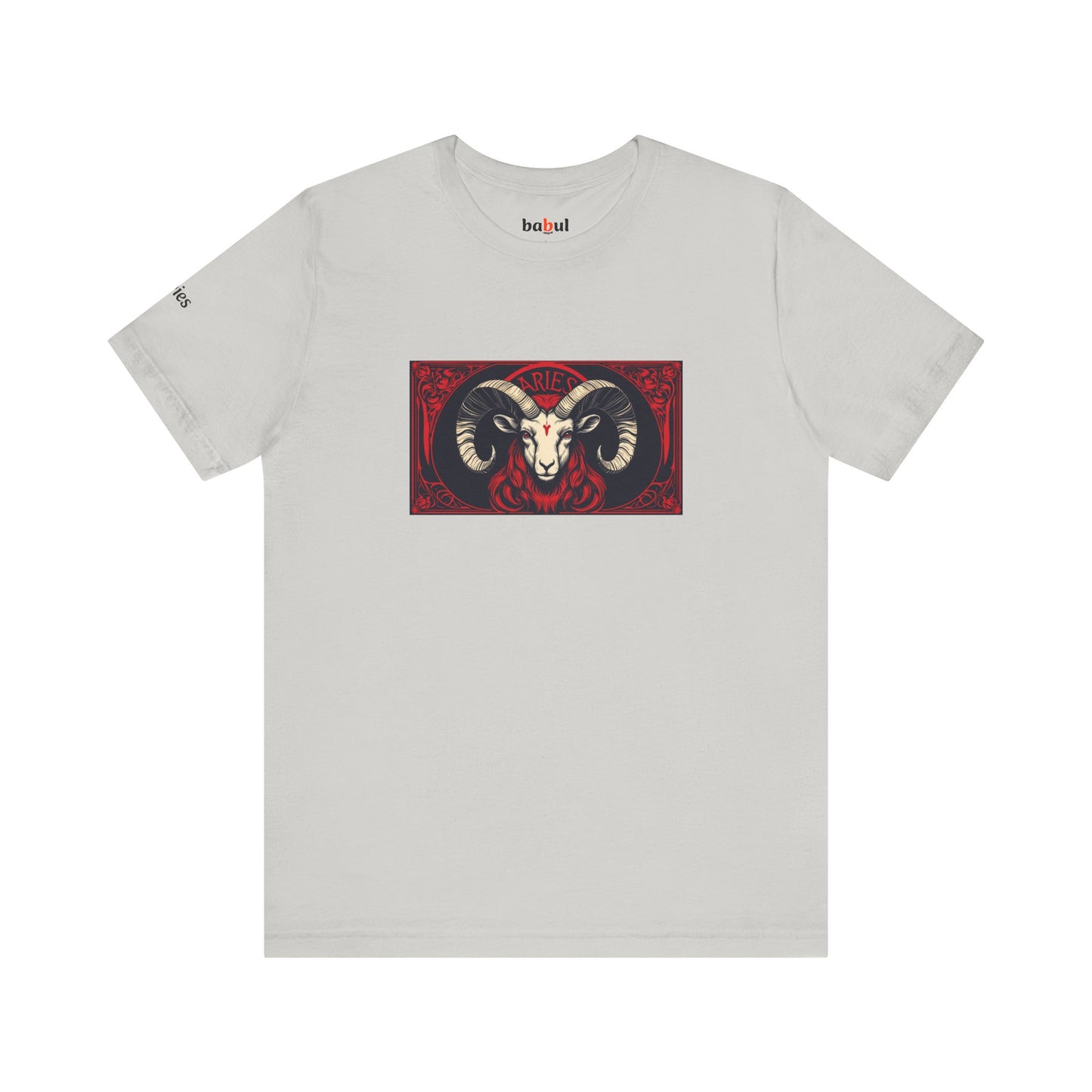 Aries - Gothic Zodiac T-Shirt. Red graphic in front. Zodiac in the Shadows
