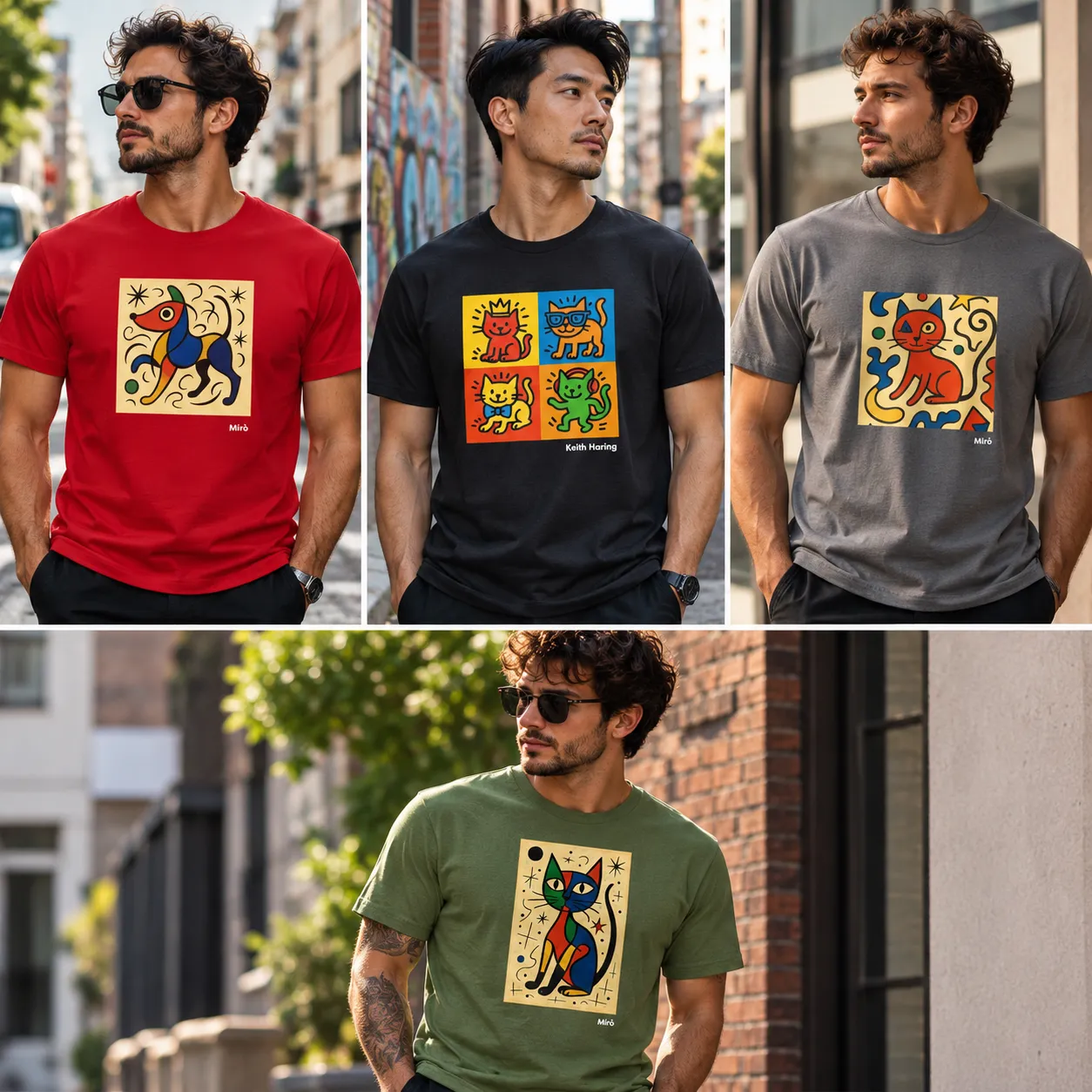 CATart graphic T-shirts featuring colorful artistic cat illustrations on male models