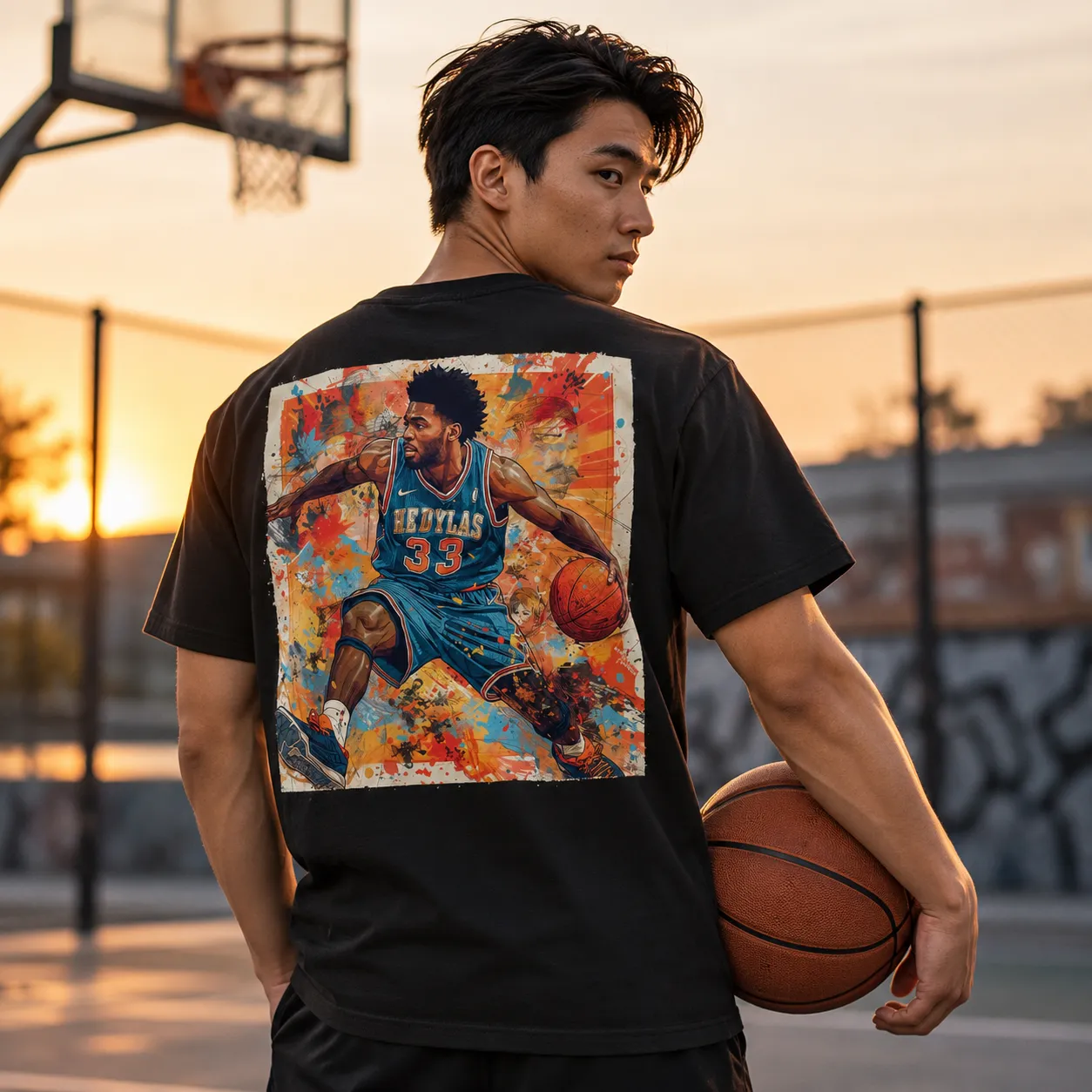 Champion basketball-inspired graphic T-shirt worn by a male model