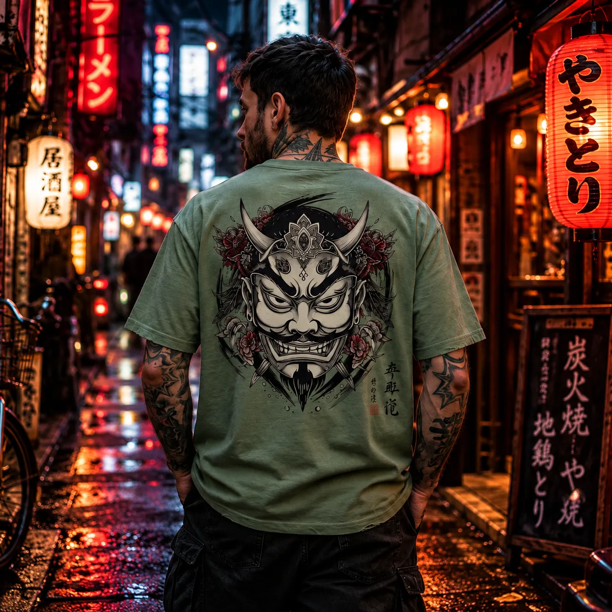 Bold Oni Mask Japanese-inspired graphic T-shirt modeled by a man