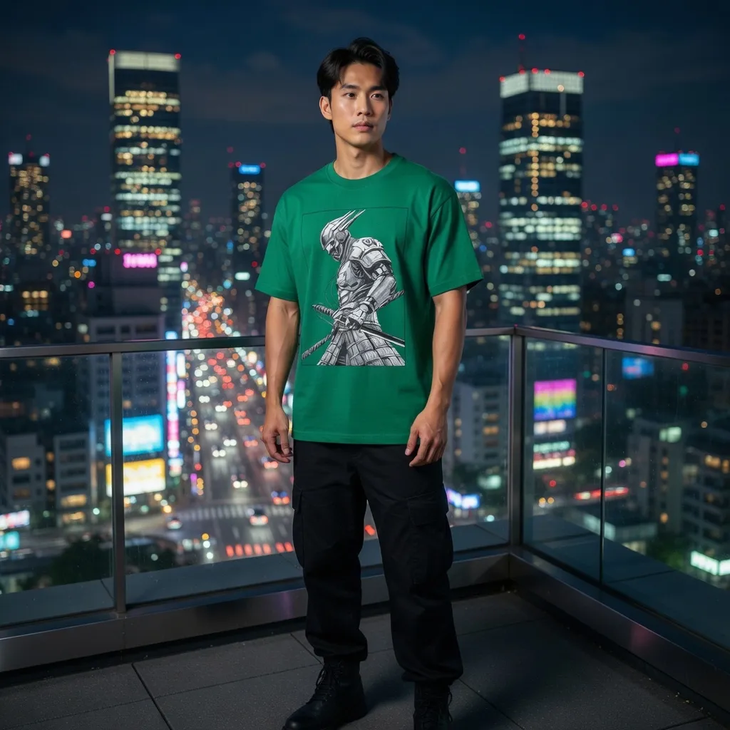 NEO-BUSHIDO green campaign look against the digital city