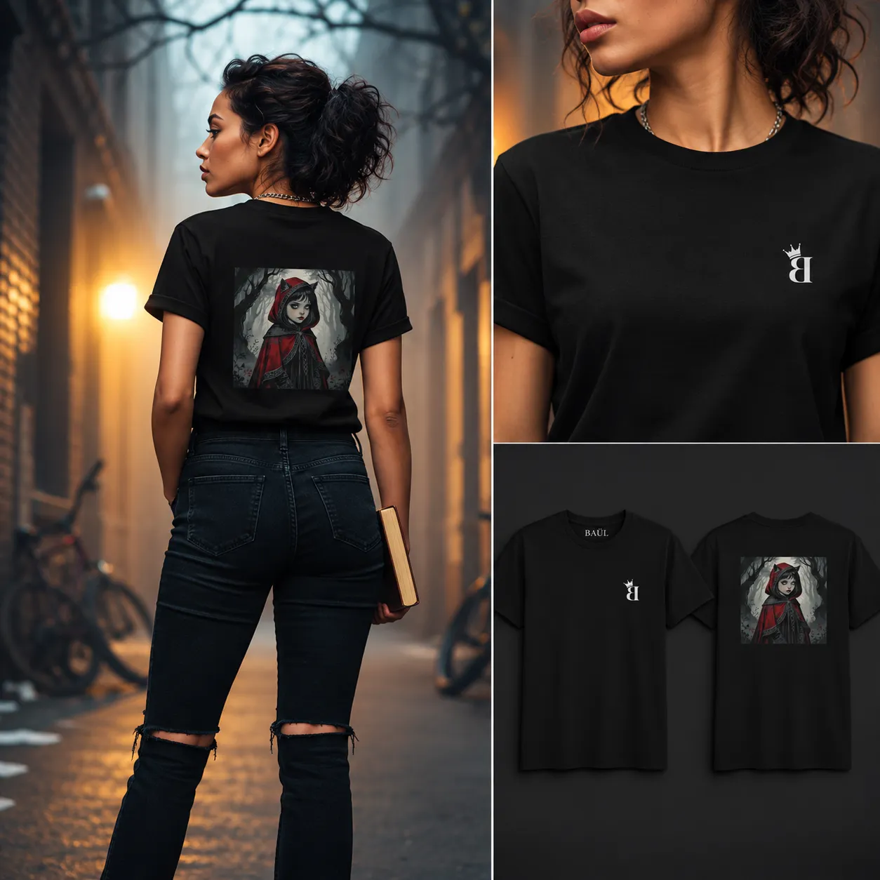 Gothic Fairy Tales black graphic T-shirt with Red Riding Hood back artwork and B logo on the front