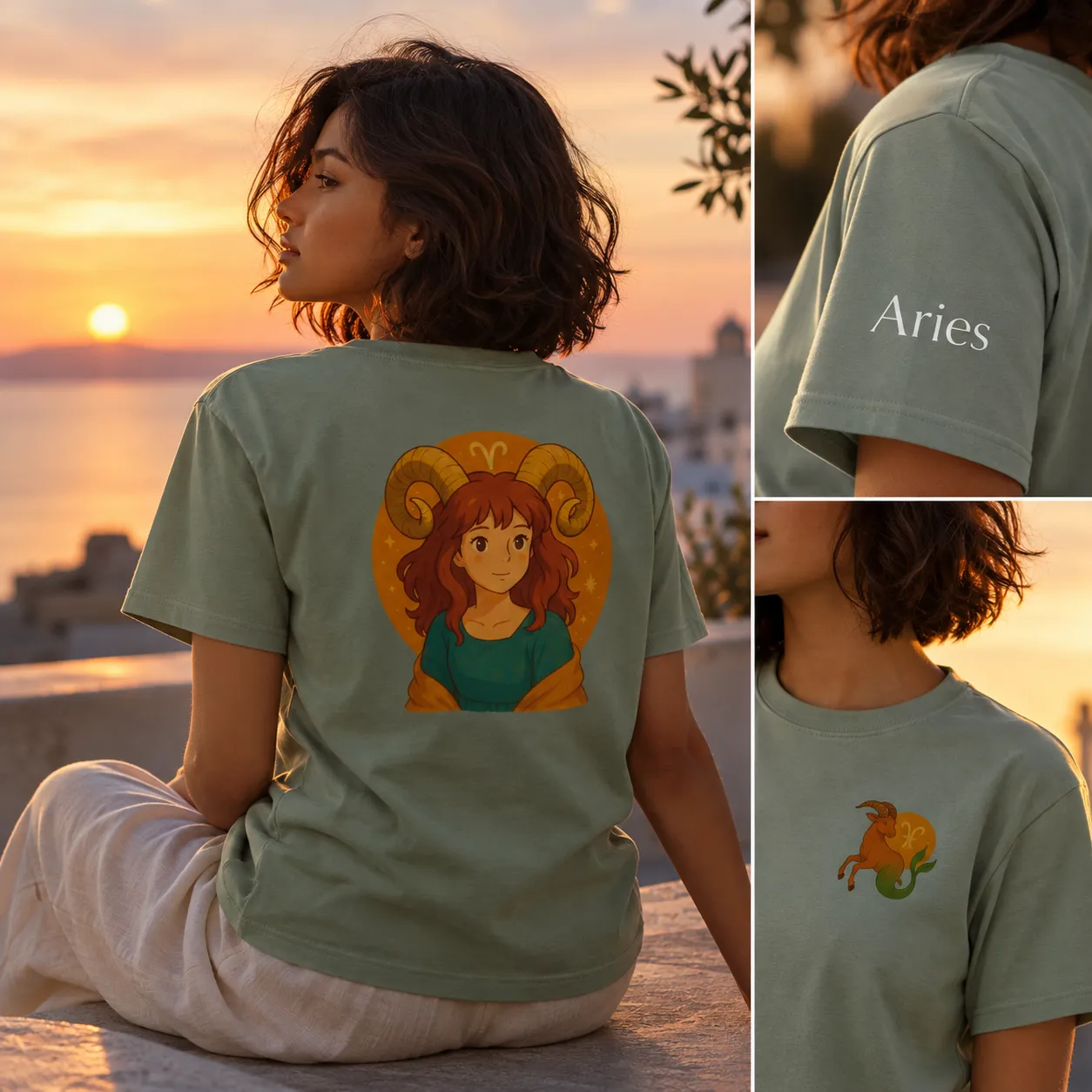 Dreamy Zodiac T-shirt showing original Aries artwork, sleeve lettering and front illustration