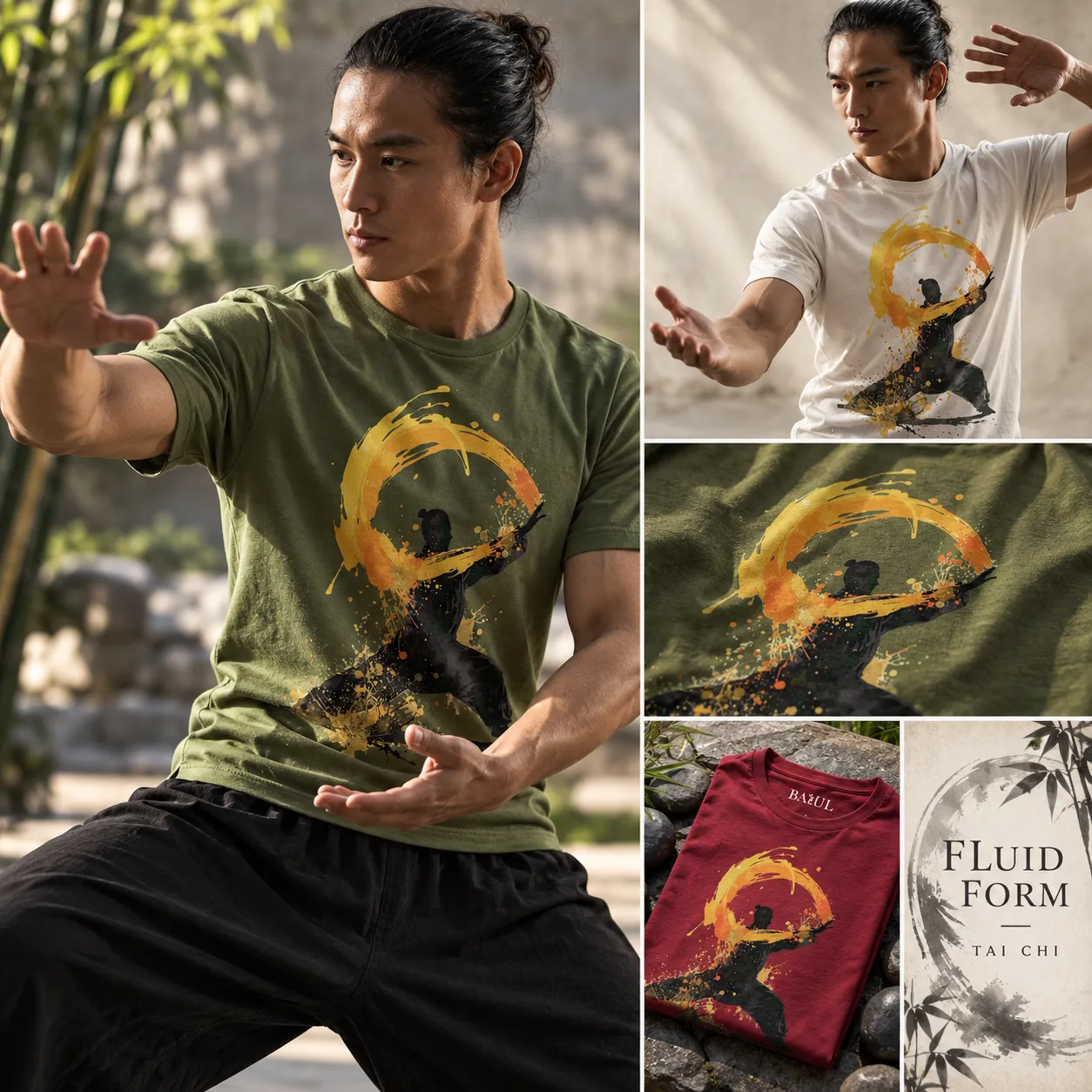 Fluid Form Tai Chi collection featuring men's graphic T-shirts with golden brushstroke artwork