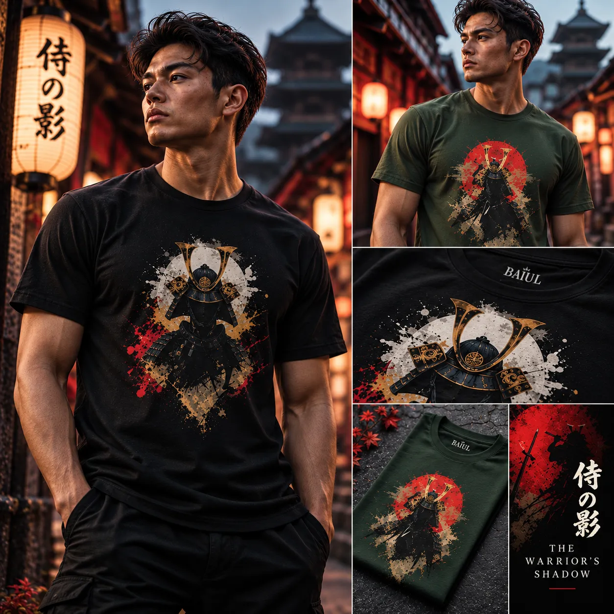 The Warrior's Shadow collection featuring samurai-inspired graphic T-shirts modeled by men