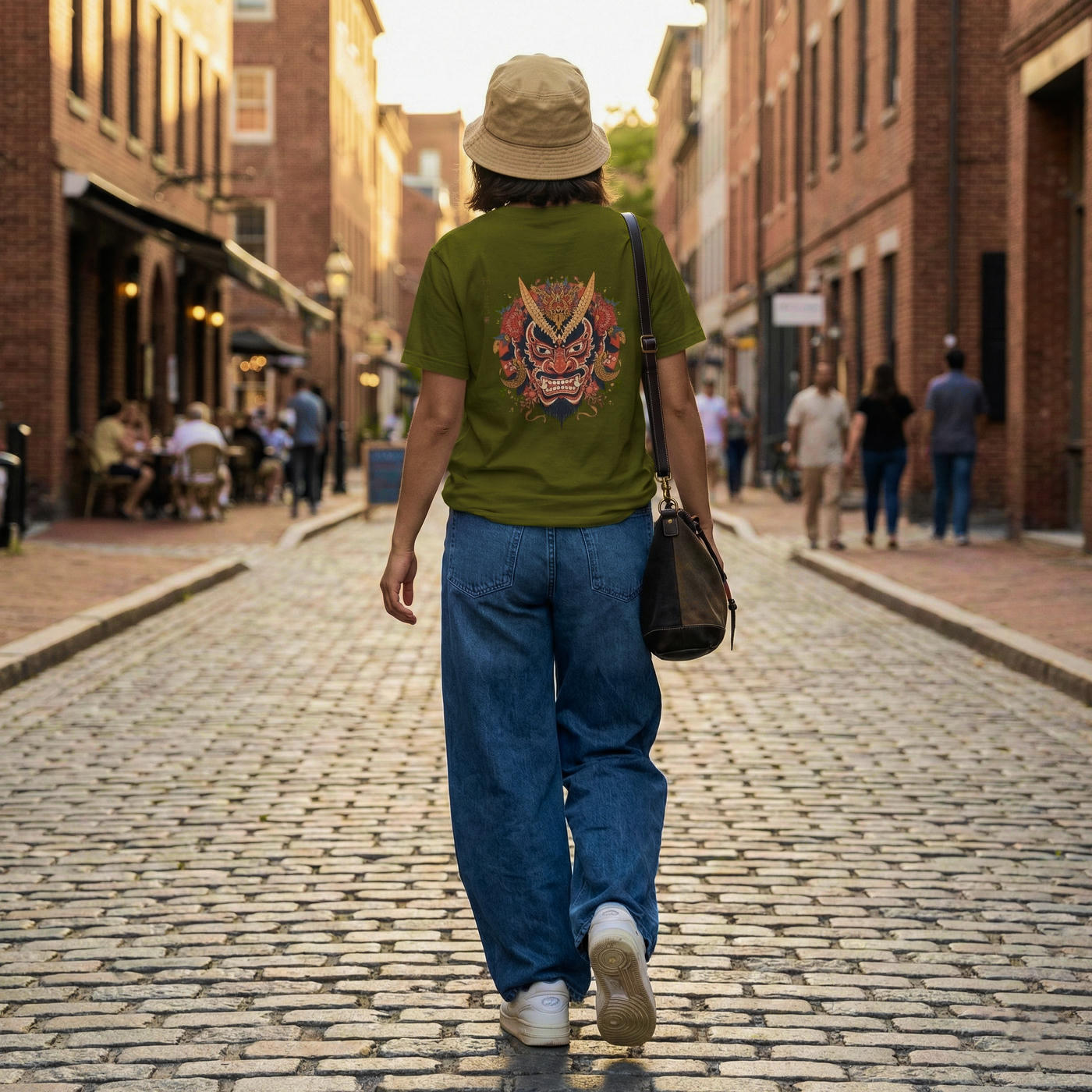 The Bold Oni Mask Streetwear T-Shirt. Unleash ancient power with our Japanese Tattoo Art Streetwear. Premium quality, high-detail Hannya mask back print.