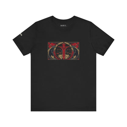 Libra - Gothic Zodiac T-Shirt. Red graphic in front.  Zodiac in the Shadows