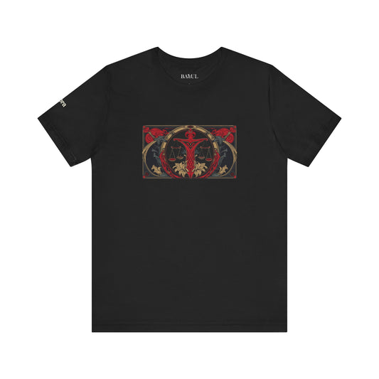 Libra - Gothic Zodiac T-Shirt. Red graphic in front.  Zodiac in the Shadows