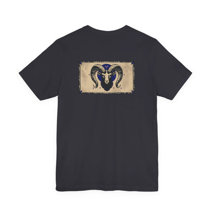 Aries - Gothic Zodiac T-Shirt. Blue graphic on the back. Zodiac in the Shadows