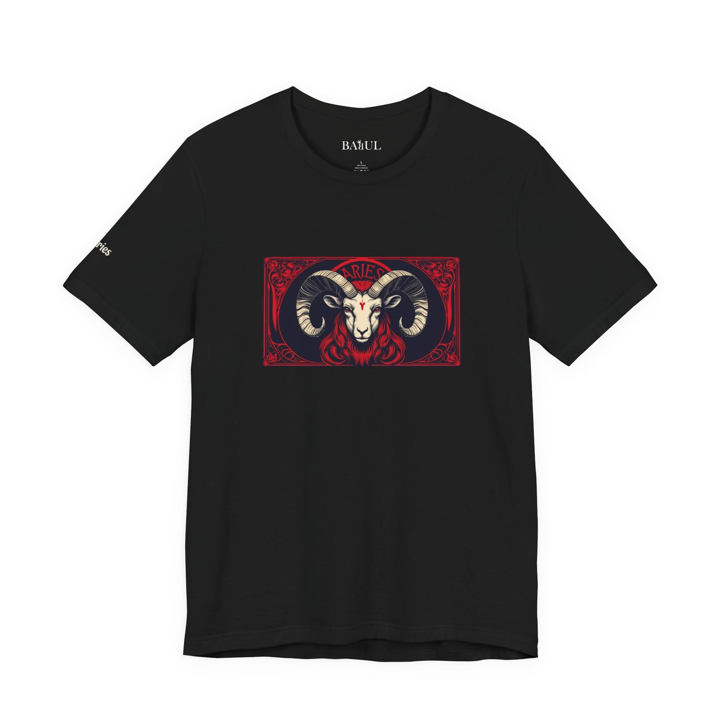 Aries - Gothic Zodiac T-Shirt. Red graphic in front.  Zodiac in the Shadows