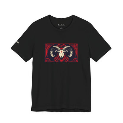 Aries - Gothic Zodiac T-Shirt. Red graphic in front.  Zodiac in the Shadows