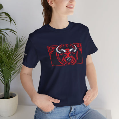 Taurus - Gothic Zodiac T-Shirt. Red graphic in front.  Zodiac in the Shadows
