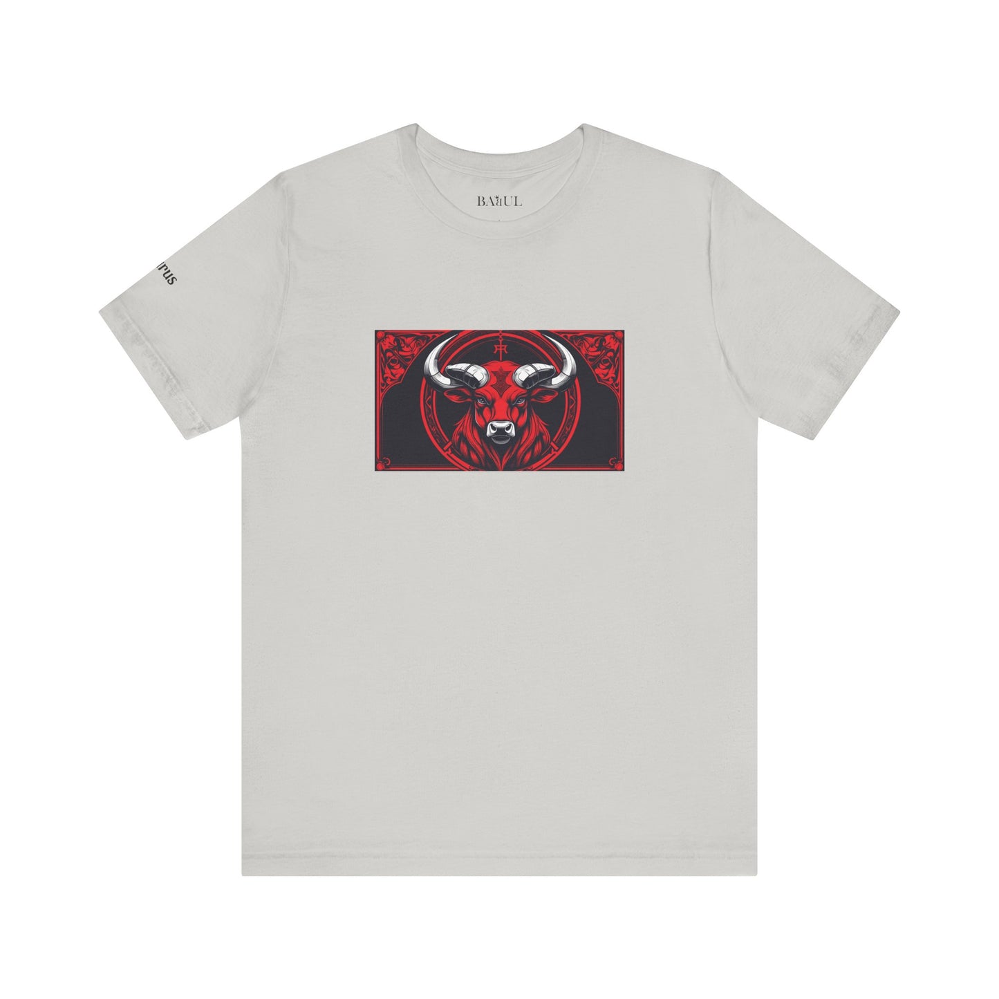 Taurus - Gothic Zodiac T-Shirt. Red graphic in front.  Zodiac in the Shadows