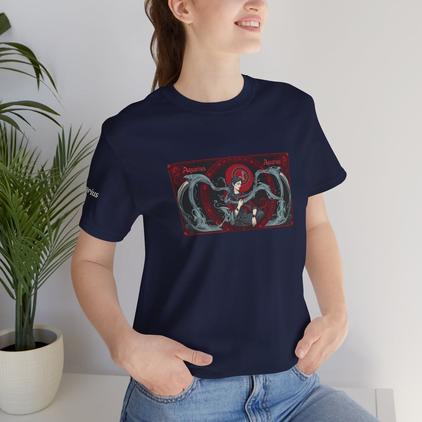 Aquarius - Gothic Zodiac T-Shirt. Red graphic in front.  Zodiac in the Shadows