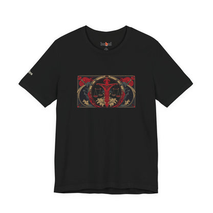Libra - Gothic Zodiac T-Shirt. Red graphic in front.  Zodiac in the Shadows