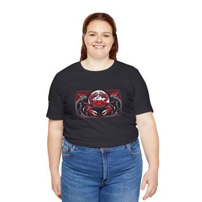 Cancer - Gothic Zodiac T-Shirt. Red graphic in front.  Zodiac in the Shadows