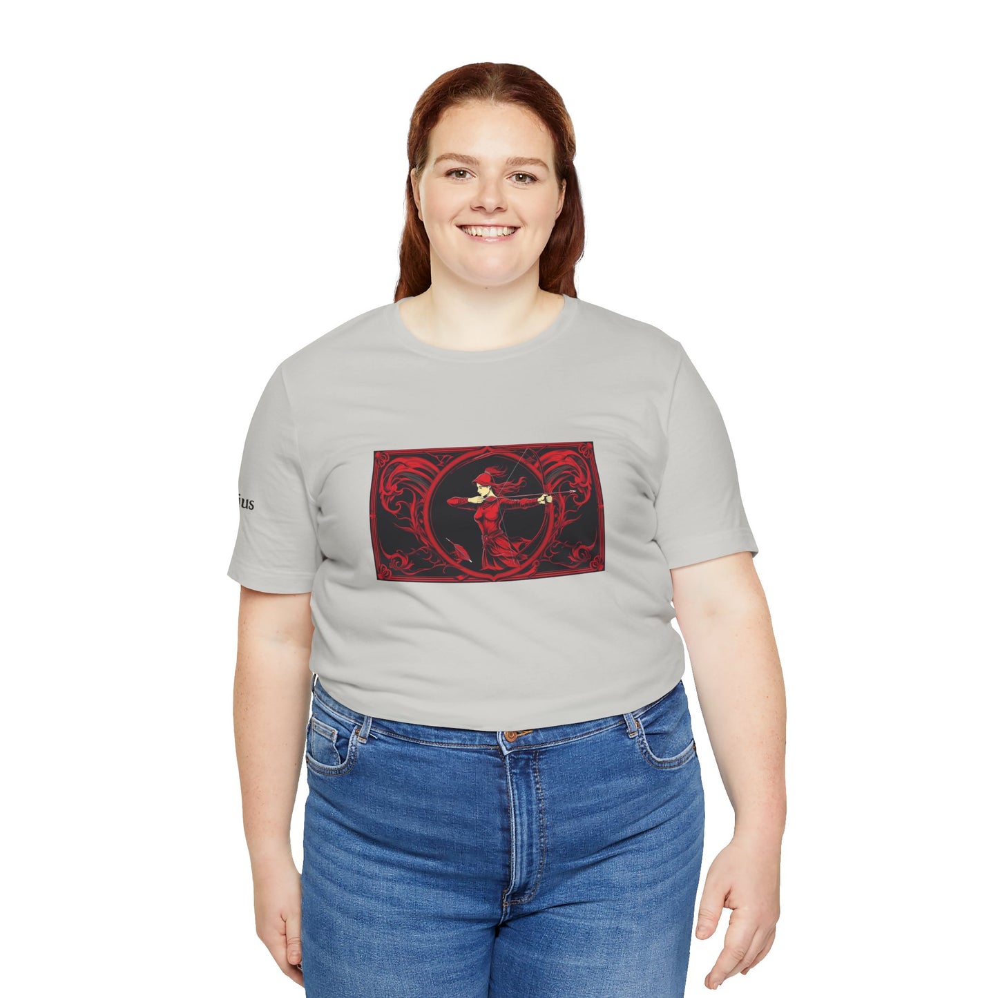 Sagittarius - Gothic Zodiac T-Shirt. Red graphic in front.  Zodiac in the Shadows