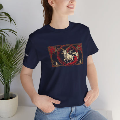 Capricorn - Gothic Zodiac T-Shirt. Red graphic in front. Zodiac in the Shadows