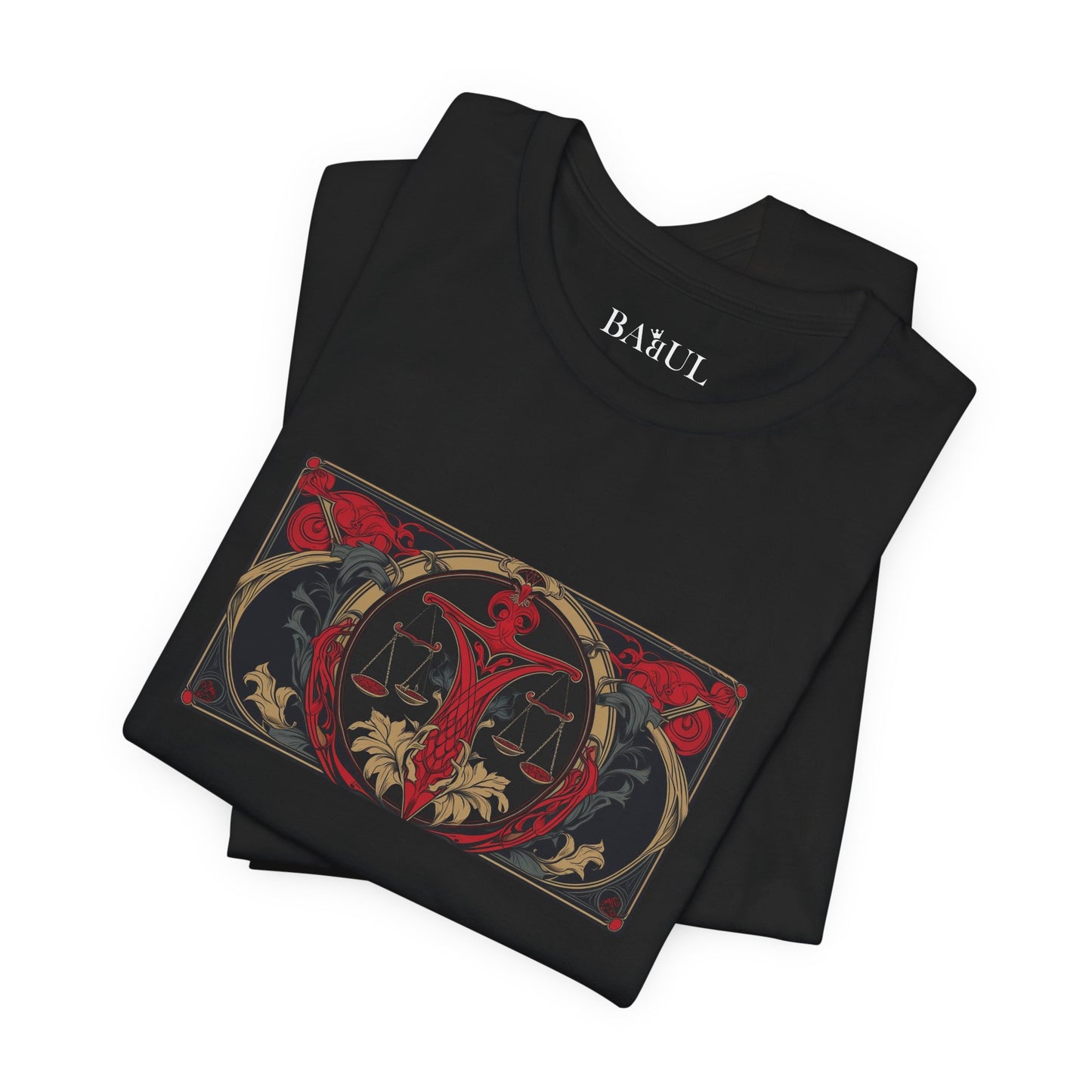 Libra - Gothic Zodiac T-Shirt. Red graphic in front.  Zodiac in the Shadows
