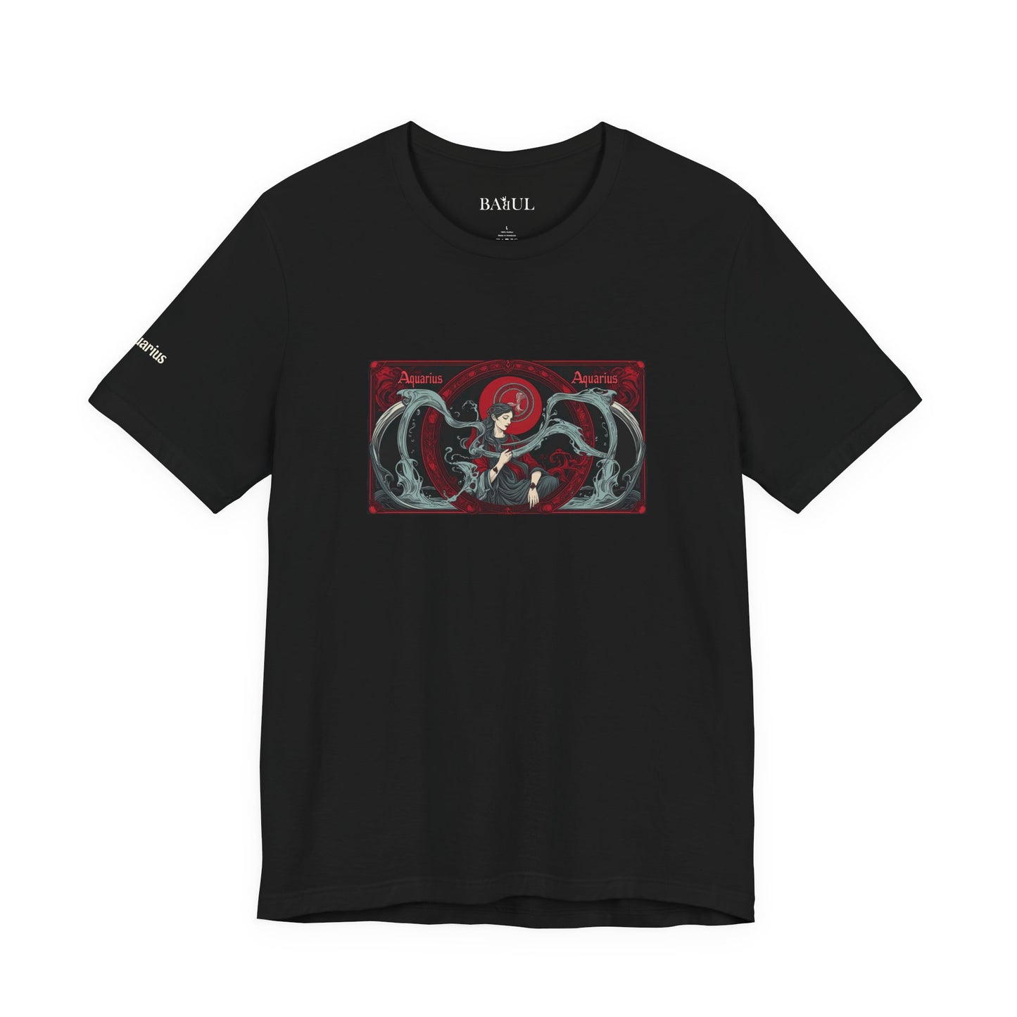 Aquarius - Gothic Zodiac T-Shirt. Red graphic in front.  Zodiac in the Shadows