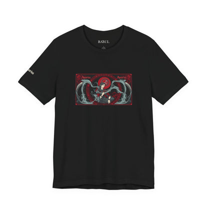 Aquarius - Gothic Zodiac T-Shirt. Red graphic in front.  Zodiac in the Shadows
