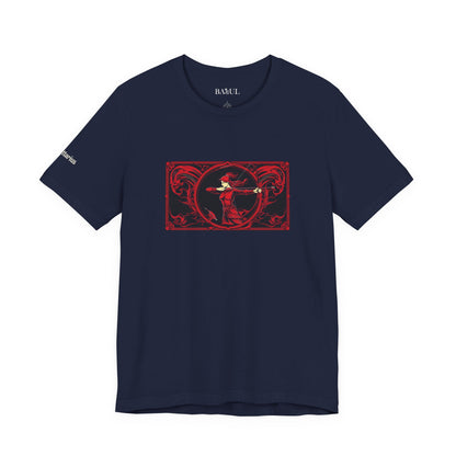 Sagittarius - Gothic Zodiac T-Shirt. Red graphic in front.  Zodiac in the Shadows