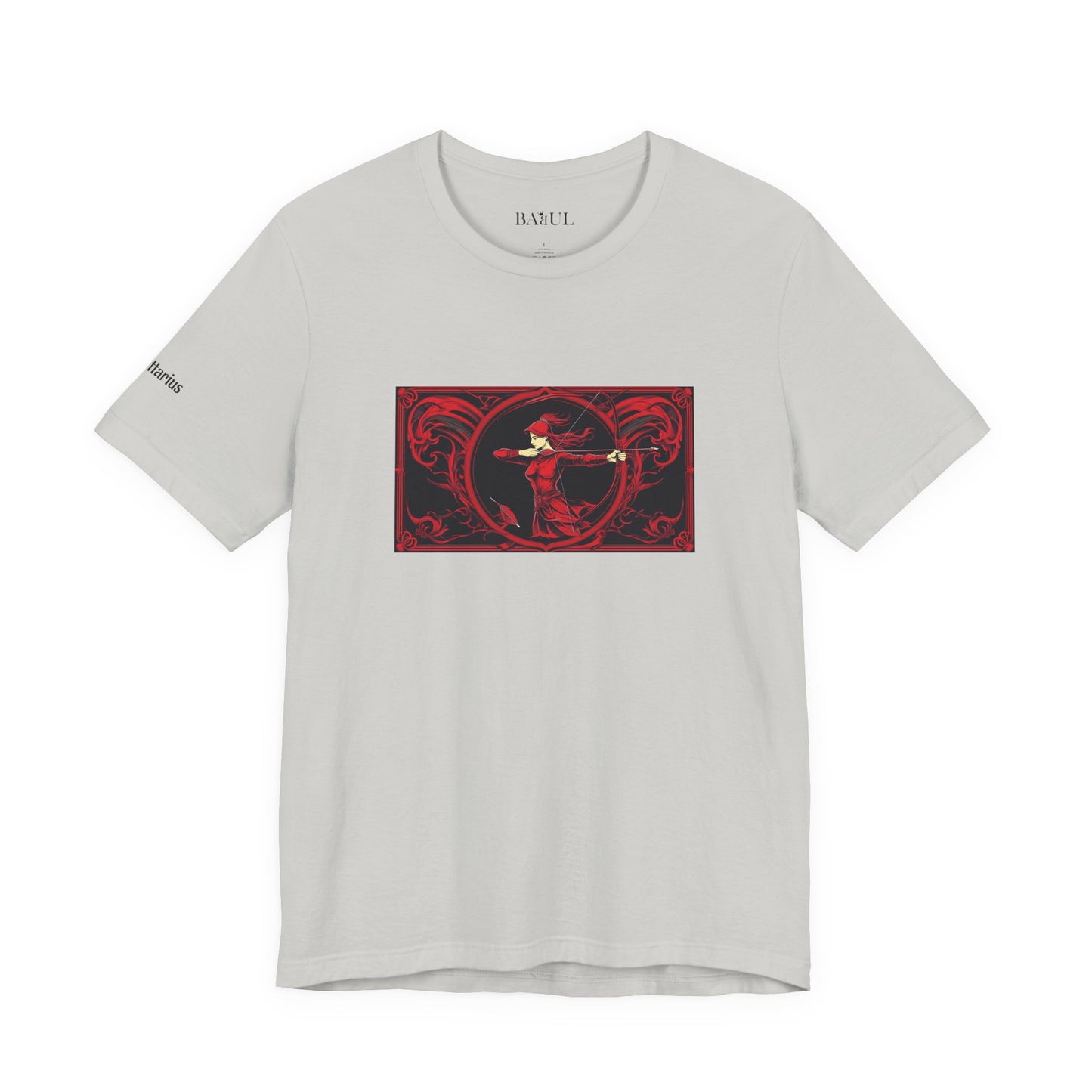 Sagittarius - Gothic Zodiac T-Shirt. Red graphic in front.  Zodiac in the Shadows