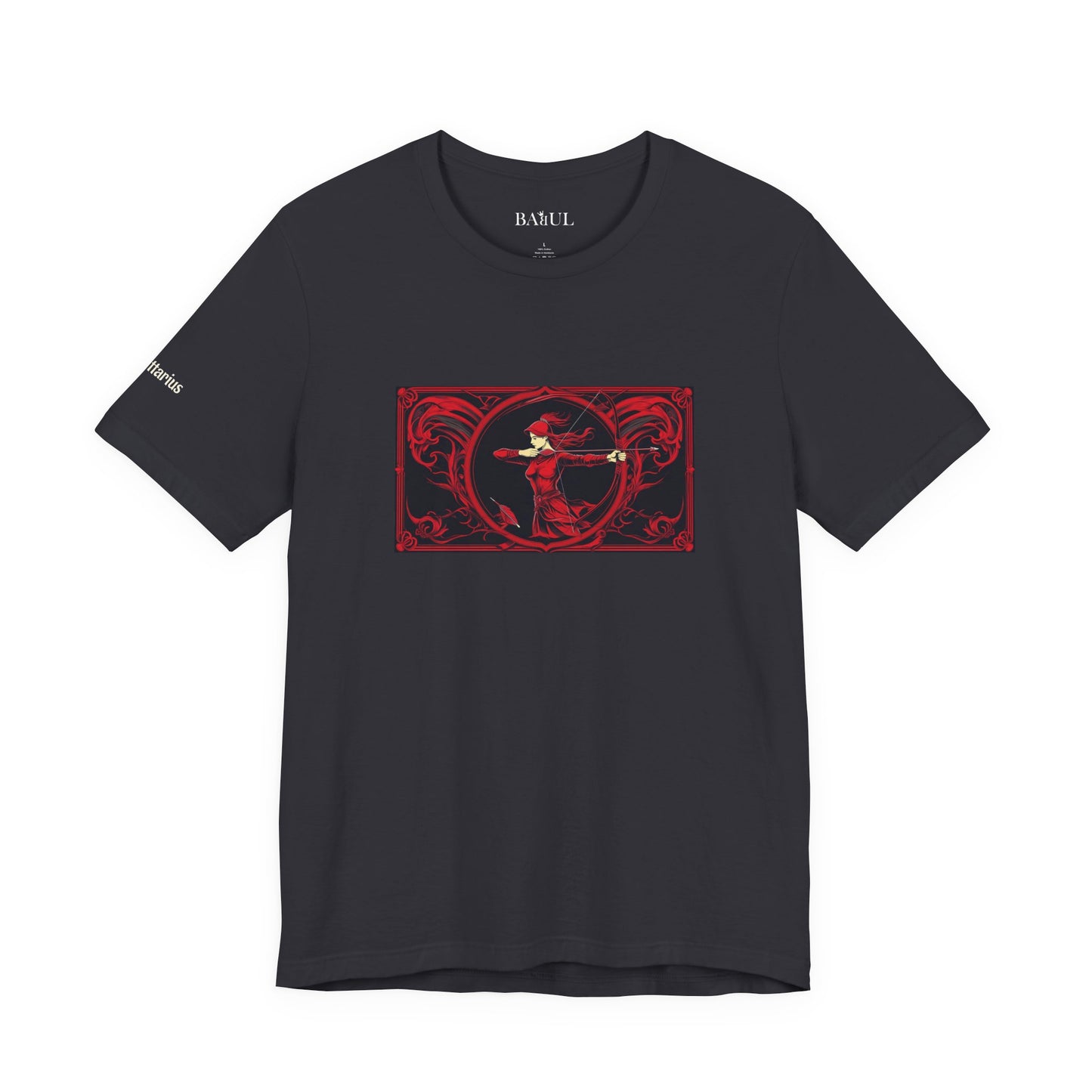 Sagittarius - Gothic Zodiac T-Shirt. Red graphic in front.  Zodiac in the Shadows