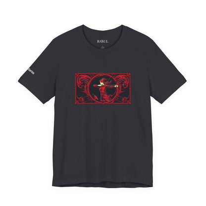 Sagittarius - Gothic Zodiac T-Shirt. Red graphic in front.  Zodiac in the Shadows
