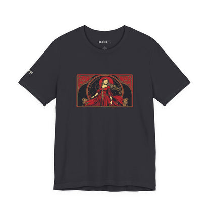Virgo - Gothic Zodiac T-Shirt. Red graphic in front.  Zodiac in the Shadows