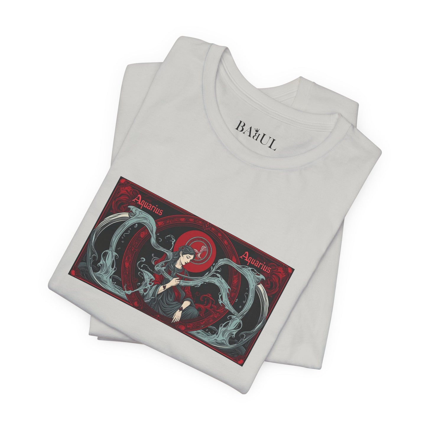 Aquarius - Gothic Zodiac T-Shirt. Red graphic in front.  Zodiac in the Shadows