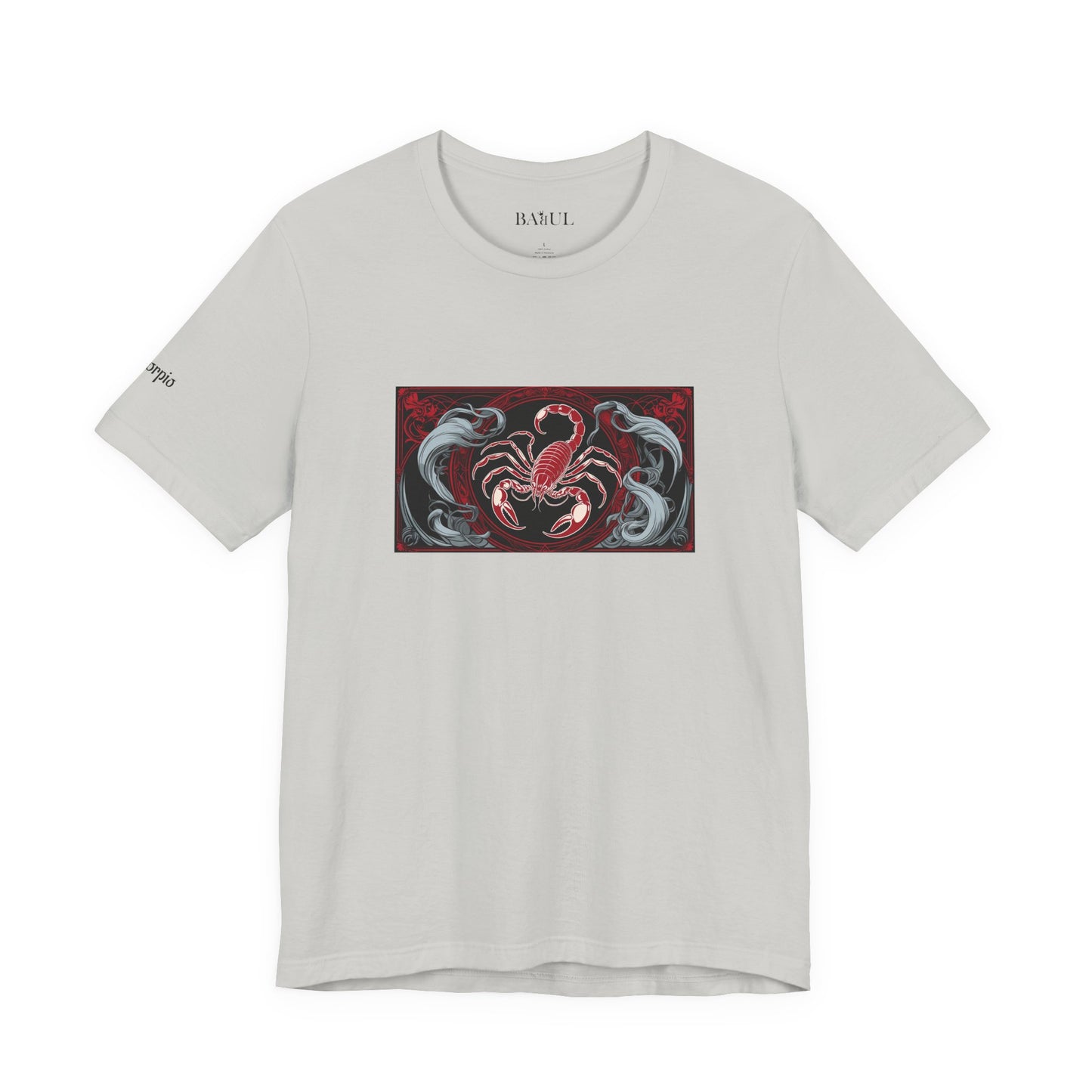 Scorpio - Gothic Zodiac T-Shirt. Red graphic in front. Zodiac in the Shadows