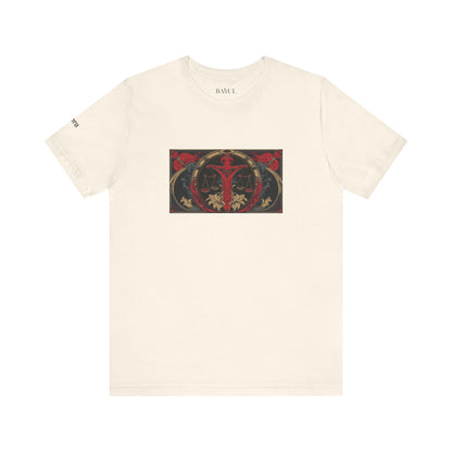 Libra - Gothic Zodiac T-Shirt. Red graphic in front.  Zodiac in the Shadows