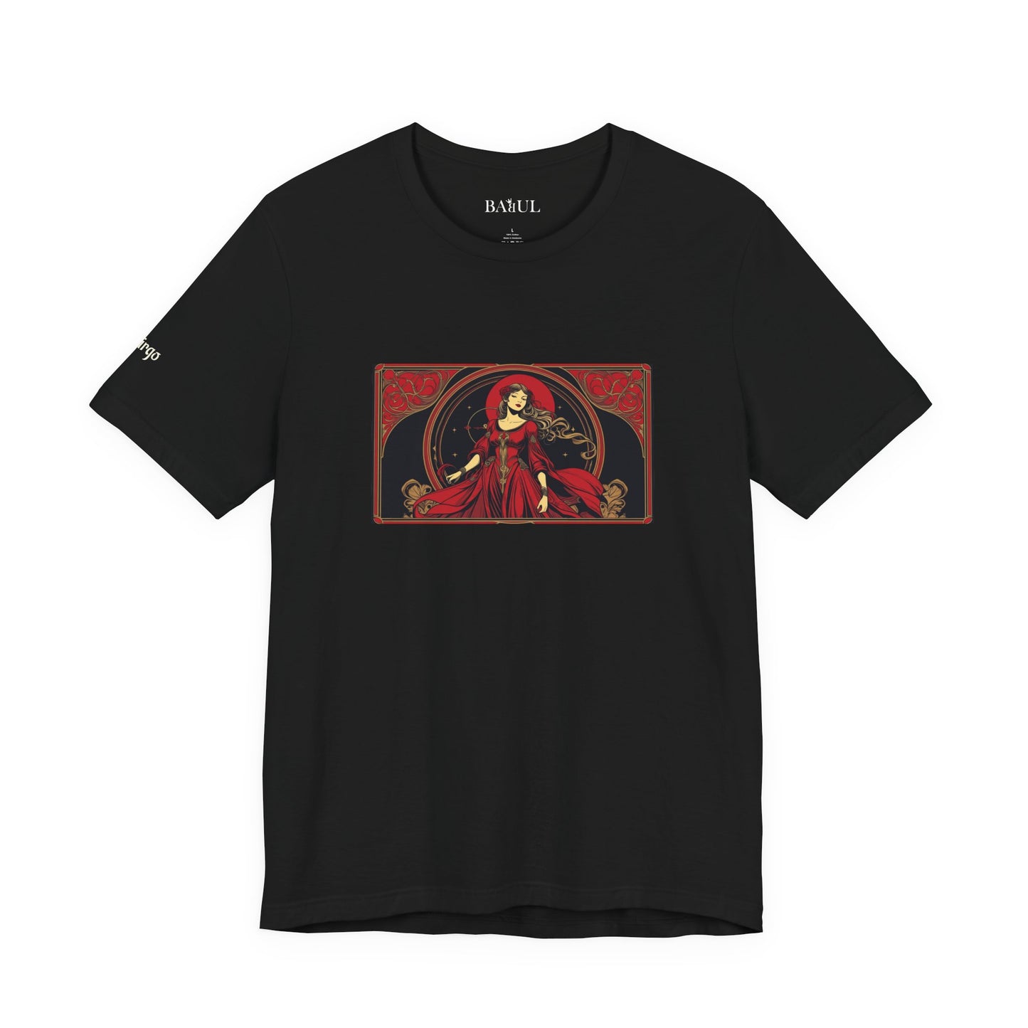 Virgo - Gothic Zodiac T-Shirt. Red graphic in front.  Zodiac in the Shadows