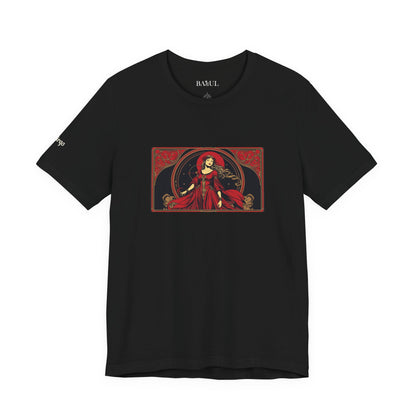 Virgo - Gothic Zodiac T-Shirt. Red graphic in front.  Zodiac in the Shadows