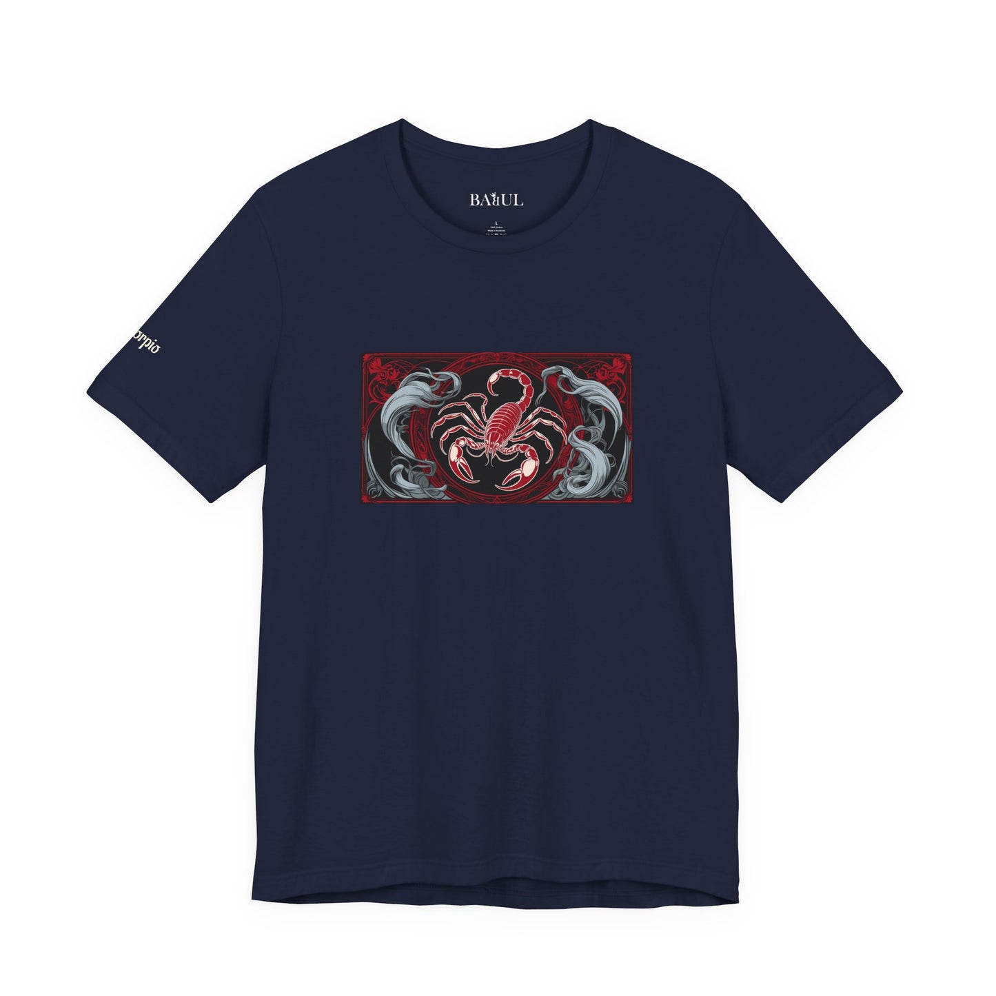 Scorpio - Gothic Zodiac T-Shirt. Red graphic in front. Zodiac in the Shadows