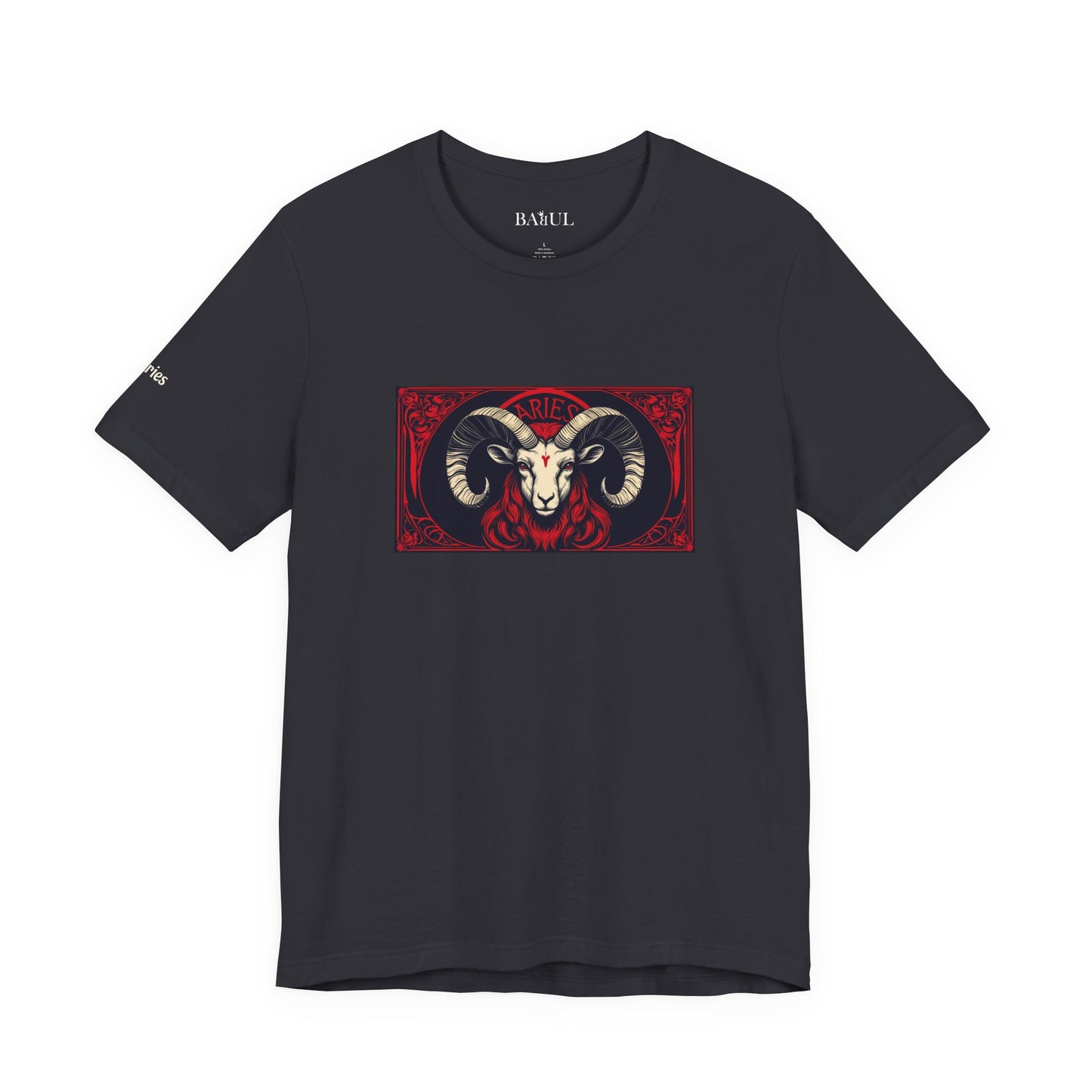 Aries - Gothic Zodiac T-Shirt. Red graphic in front.  Zodiac in the Shadows