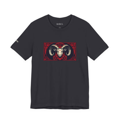 Aries - Gothic Zodiac T-Shirt. Red graphic in front.  Zodiac in the Shadows
