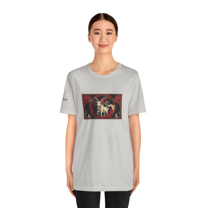 Capricorn - Gothic Zodiac T-Shirt. Red graphic in front. Zodiac in the Shadows