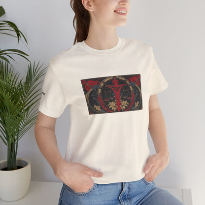 Libra - Gothic Zodiac T-Shirt. Red graphic in front.  Zodiac in the Shadows