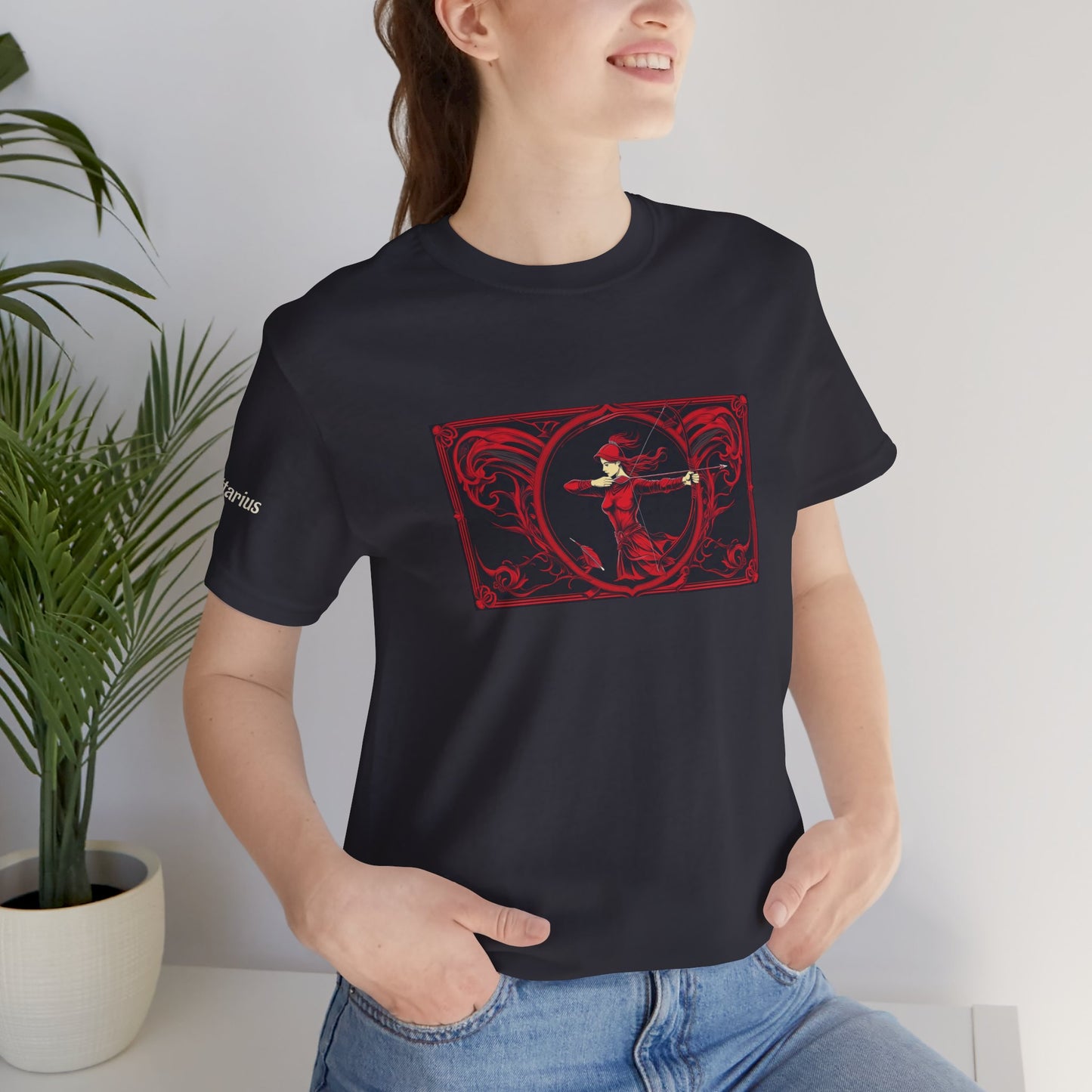 Sagittarius - Gothic Zodiac T-Shirt. Red graphic in front.  Zodiac in the Shadows