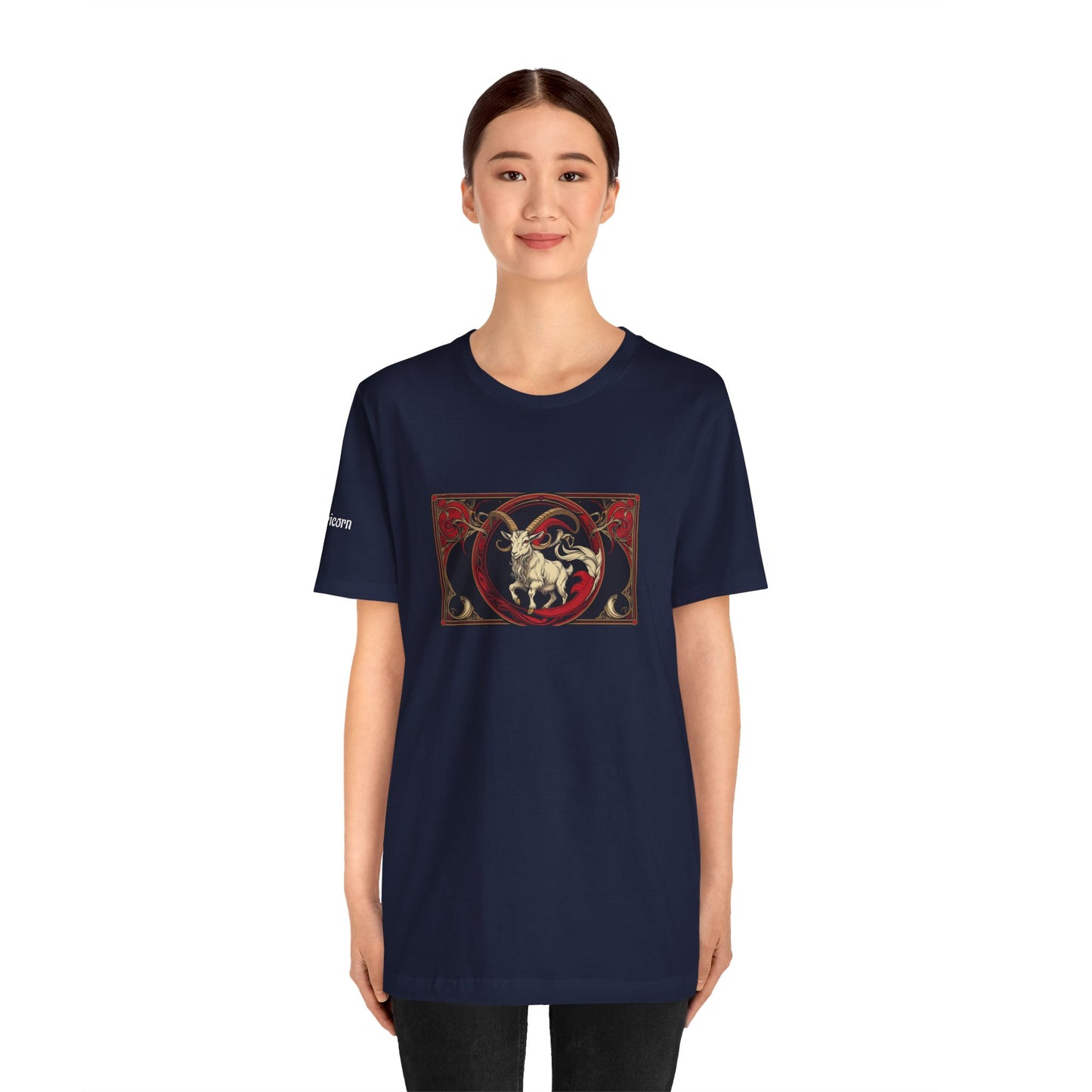 Capricorn - Gothic Zodiac T-Shirt. Red graphic in front. Zodiac in the Shadows