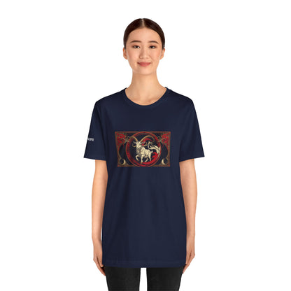 Capricorn - Gothic Zodiac T-Shirt. Red graphic in front. Zodiac in the Shadows
