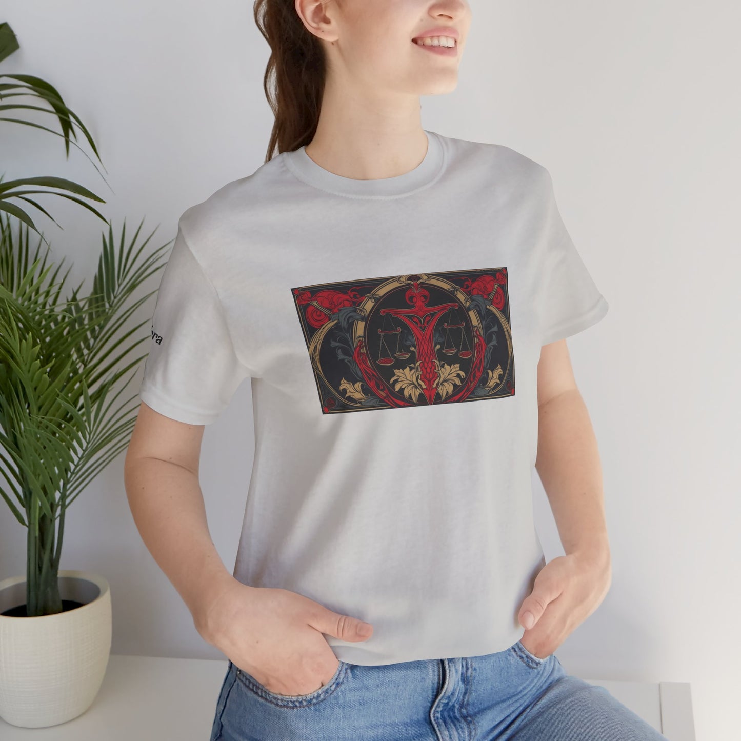 Libra - Gothic Zodiac T-Shirt. Red graphic in front.  Zodiac in the Shadows