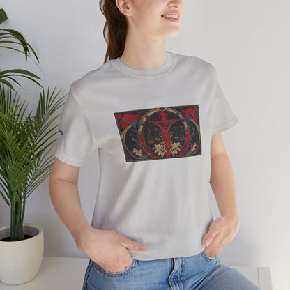 Libra - Gothic Zodiac T-Shirt. Red graphic in front.  Zodiac in the Shadows