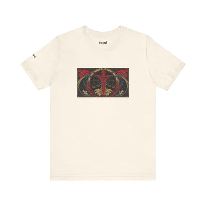 Libra - Gothic Zodiac T-Shirt. Red graphic in front.  Zodiac in the Shadows