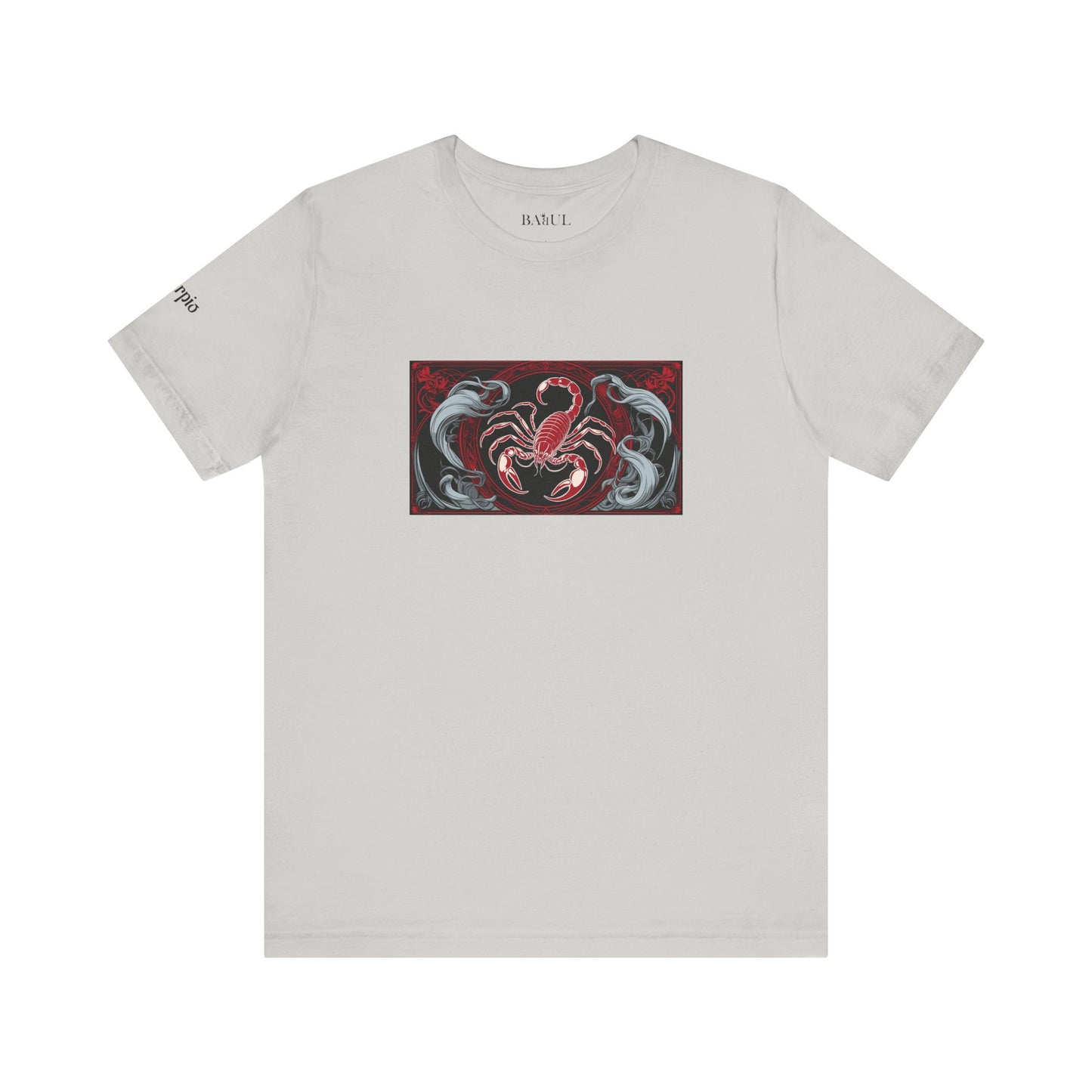 Scorpio - Gothic Zodiac T-Shirt. Red graphic in front. Zodiac in the Shadows