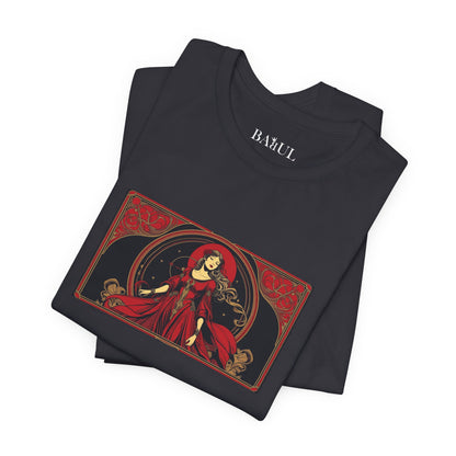 Virgo - Gothic Zodiac T-Shirt. Red graphic in front.  Zodiac in the Shadows