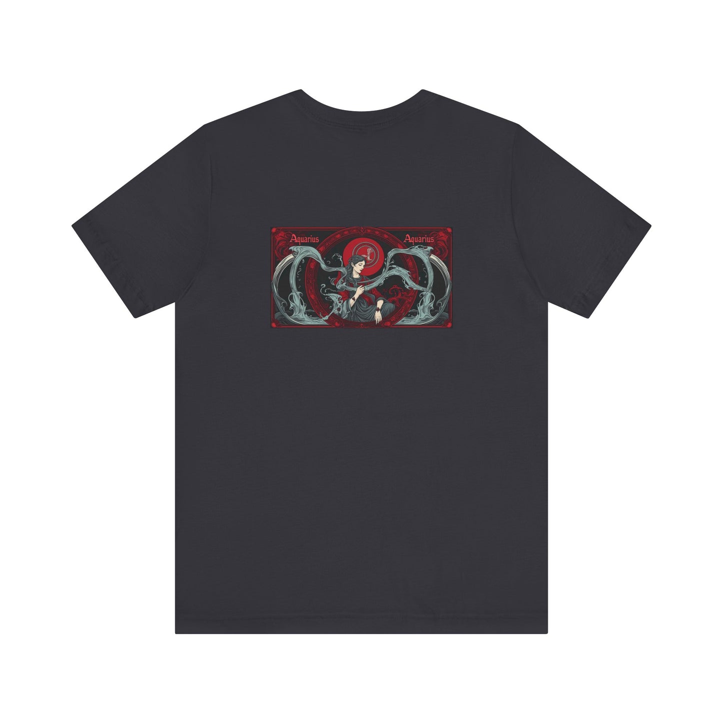 Aquarius - Gothic Zodiac, Red Graphic on the back T-Shirt. Zodiac in the Shadows